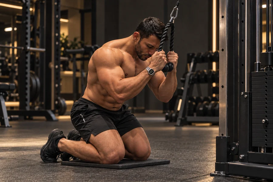 Samuel fazendo treino abdominal na polia