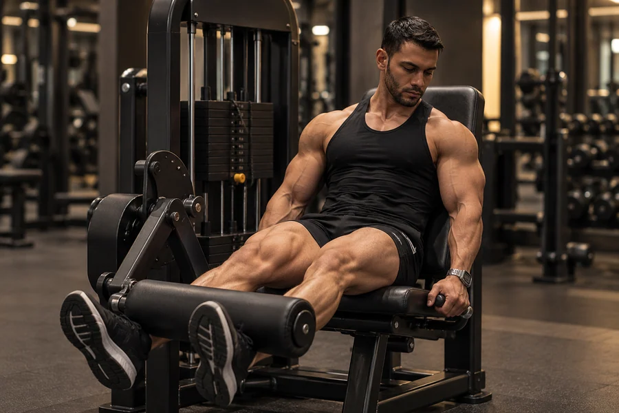 Samuel na cadeira extensora trabalhando quadríceps